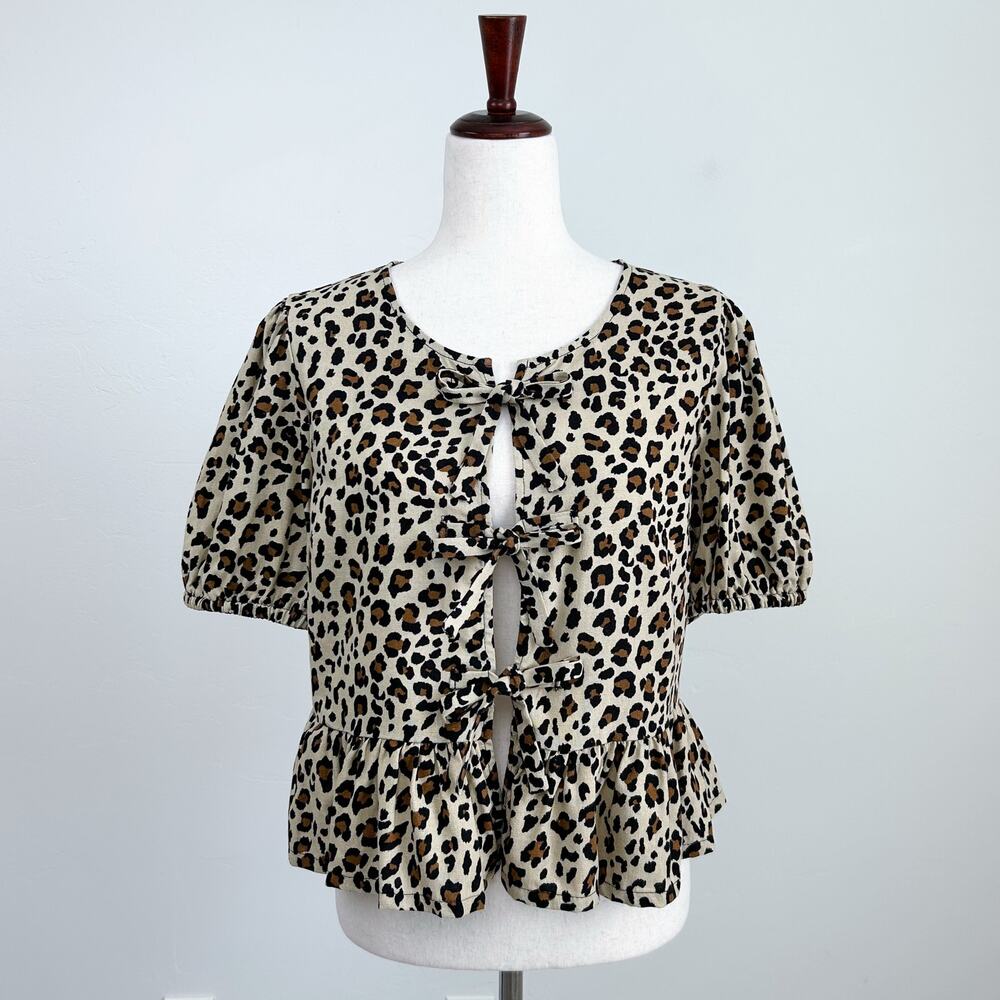 Liberty Love Animal Print Leopard Front Tie Linen Blend Puff Sleeve Top MEDIUM